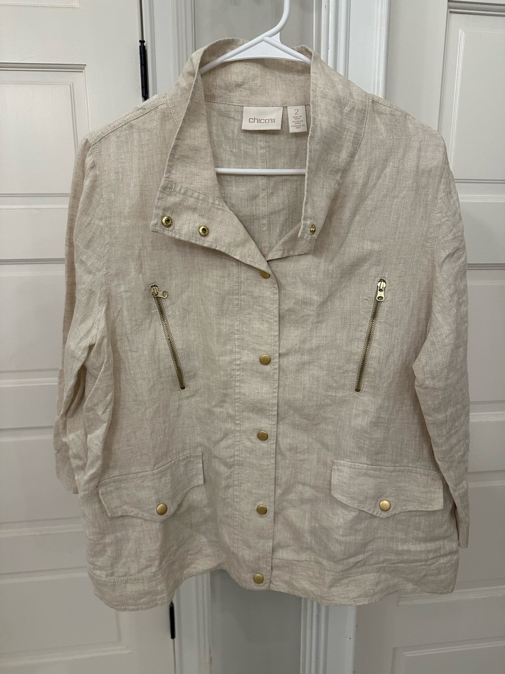 Chico’s Womens Large 2 Linen Blazer Jacket Gold Button Front Pockets Zipper EUC